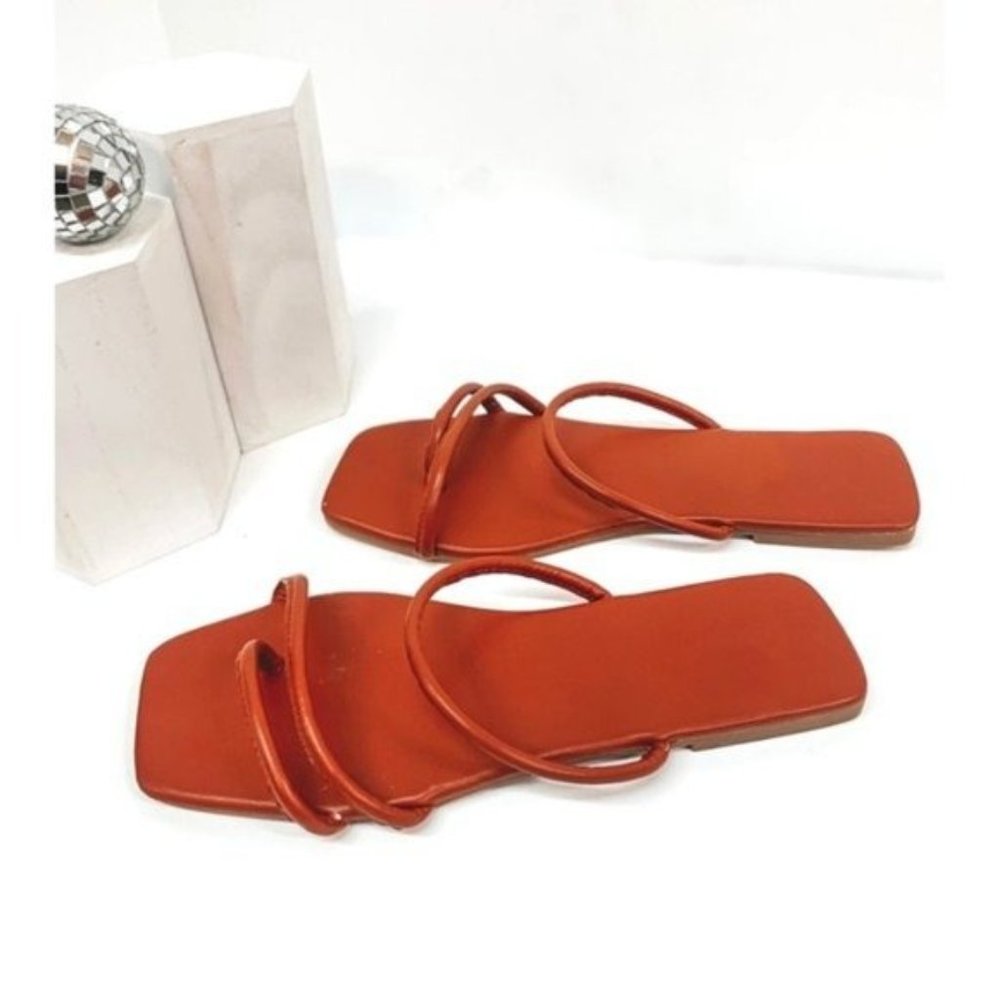 Brick strappy square toe sandals flat slides - Picture 3 of 9